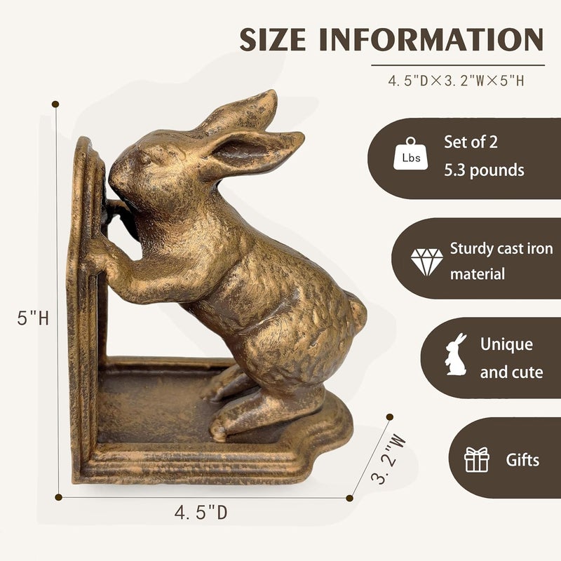 Remenna Decorative Bookends Antique Gold Bunny Book Ends, Heavy Duty Cast Iron Book Ends for Shelves,Unique bookends for Heavy Books, Vintage Decor 5.3 lbs - Image 2